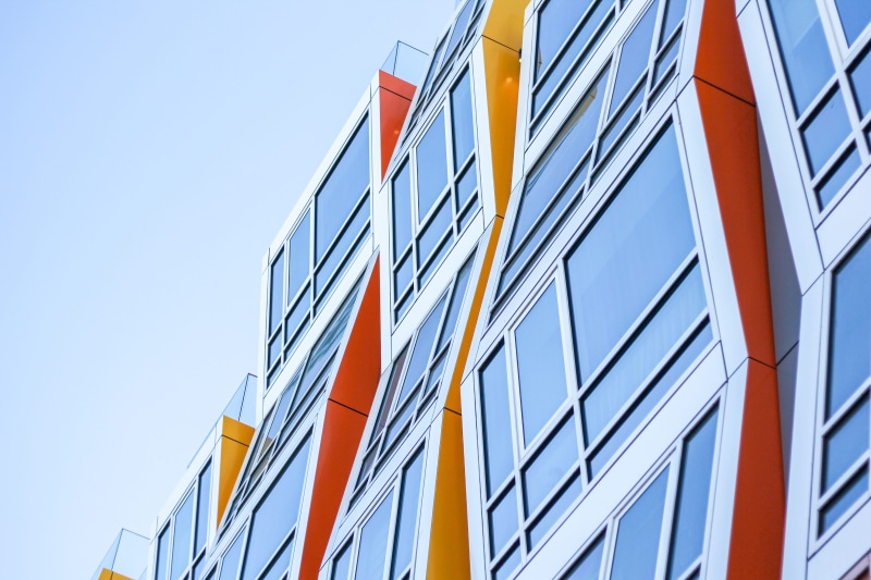 concrete, geometric, architecture, office building exterior, house, assorted, color, blue, low angle view, glass - material, business, sky, built structure