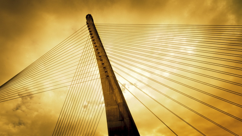 sunset, cable-stayed bridge, connection, modern, city, puente, bridge - man made structure, 5K, sky, cable, outdoors, bridge, skyscraper, spain, apocaliptic