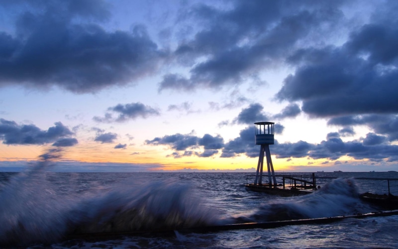 shore, lookout, seashore, waves, nature and landscapes, clouds, 1080P, tower, rough, sunset