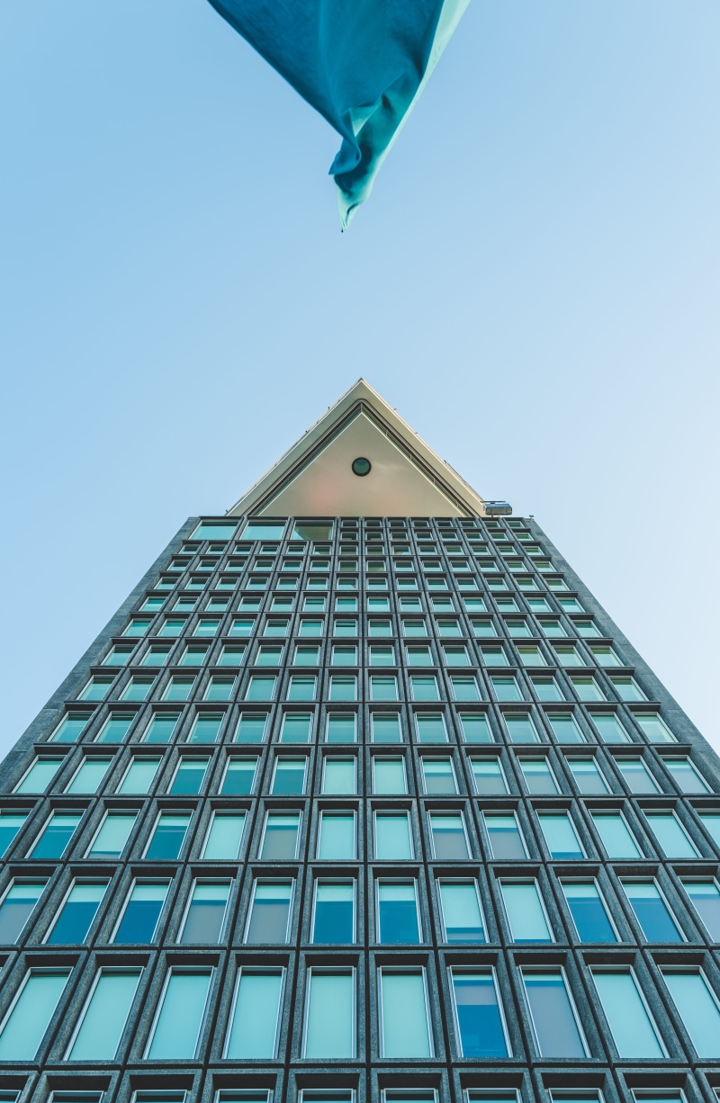 clear sky, netherlands, high rise, urban, building, tower, town, low angle view, solar panels, sky, amsterdam, built structure, office building, facade
