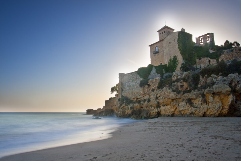 beach, land, sky, travel destinations, belltower, built structure, spain, history, horizon over water, campanas, architecture, mar, castell, tranquil scene