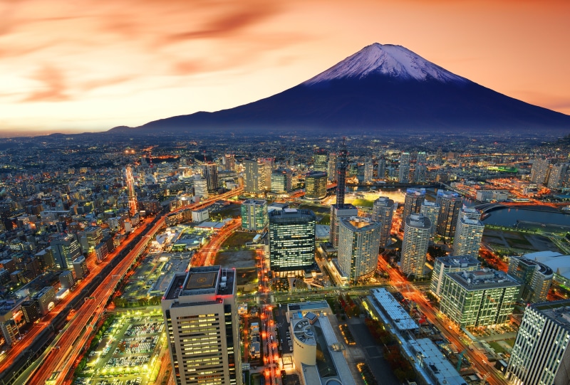 lights lighting, Fuji, mountain, the volcano, the city, the largest port city, 5K, skyscrapers, blur, Japan, bokeh, Yokohama, strip light, my planet, .