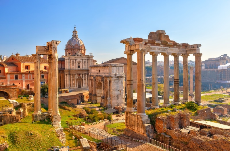 Roman forum, 5K, place of worship, sky, archaeology, arch, day, outdoors, view, building, clear sky, Italy, architecture, old ruin, ancient, nature, Temple Saturn