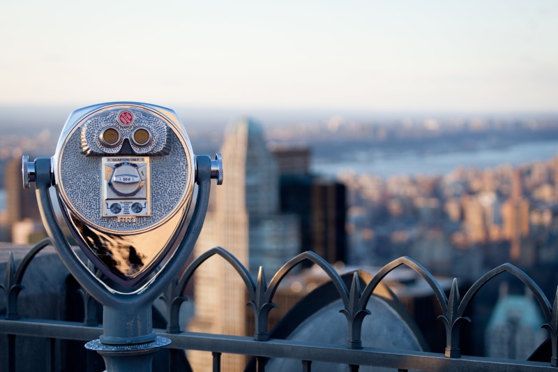 lookout, the city, 5K, building, summer, panoramic view, skyscrapers, New York, sky clouds, telescope, blur, my planet, a stationary telescope, view, .