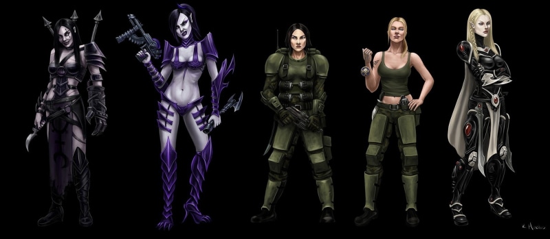 young women, five, black background, fashion, Dark Eldar, indoors, adult, young men, young adult, women, teenager, technology, female, standing, 720P