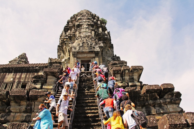 outdoors, travel destinations, asia, tourist, cambodia, belief, wonder, group of people, angkor wat temple, spirituality, heritage, history, old, beautiful