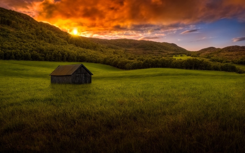 landscape, hut, summer, sky, wooden, table, coffee, clouds, top, colorful, mountains, nature, grass, 1080P, framed, sunset, forest, glass, brown