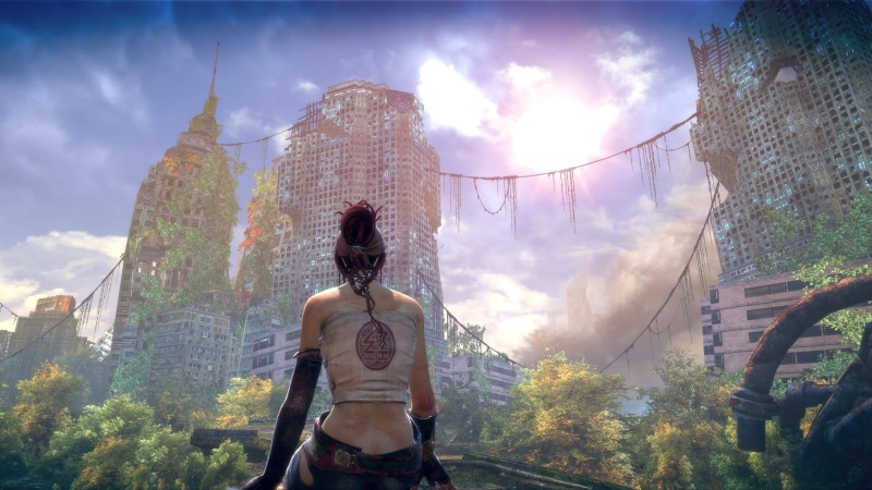 2K, tree, lifestyles, plant, built structure, cloud - sky, Abandoned city, art and craft, illustration, rear view, one person, city, character, leisure activity