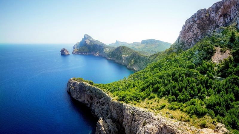 green, non-urban scene, tranquility, Mallorca, Spain, sky, water, rock - object, tree, forest, clear sky, no people, idyllic, plant, land, day, 1080P