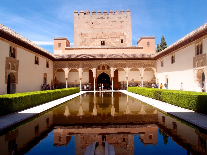 stones, courtyard, architecture, garden of alhambra, alhambra, moorish, incidental people, water, building exterior, travel destinations, building, andalusia