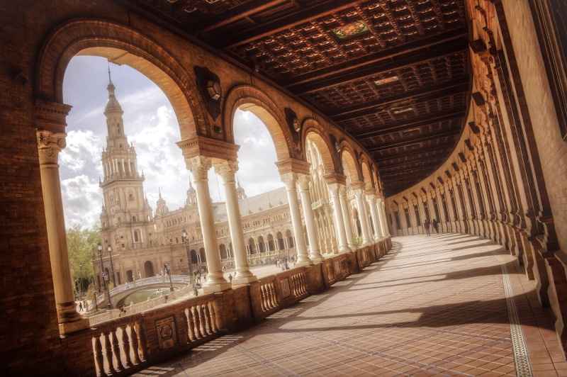Sevilla, arch, architectural column, colonnade, bridge, people, Andalusia, no people, tower, architecture, travel destinations, Seville, columns, religion