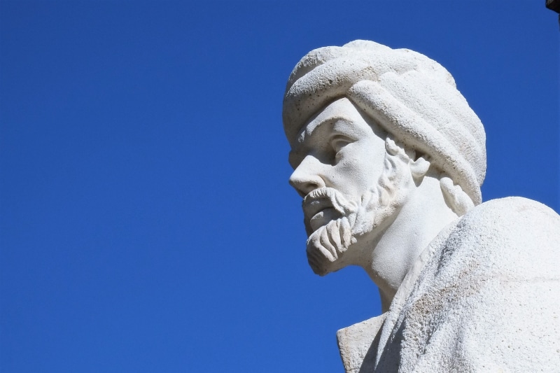 blue, sculpture, spain, 2K, clear sky, religion, female likeness, philosopher, architecture, art and craft, statue, belief, spirituality, andalusia, male likeness