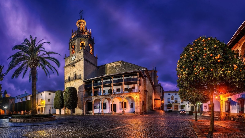 night, clock, city, plant, malaga, clock tower, spain, no people, travel destinations, building, place of worship, tower, palm tree, illuminated, landmark