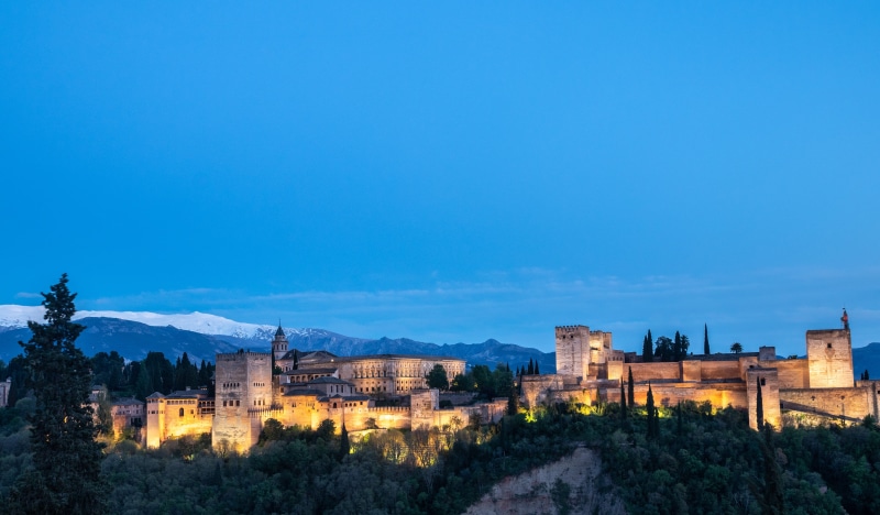 blue, muslims, nature, city, spain, andalusia, old, alhambra, plant, building exterior, no people, sky, 5K, landscape, building, tree, copy space, outdoors