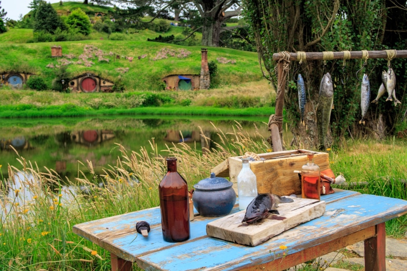 summer, lake, environment, green color, 4K, nature, container, no people, seat, grass, landscape, outdoors, field, hobbit, wood, day, tree, plant, movie set