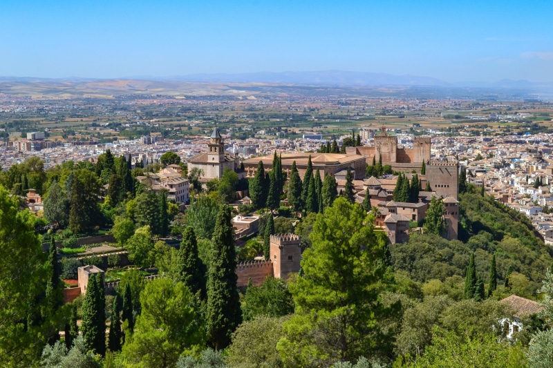 palace, high angle view, outdoors, building exterior, unesco, granada, fortress, nature, plant, cityscape, city, sky, 4K, travel, built structure, green color