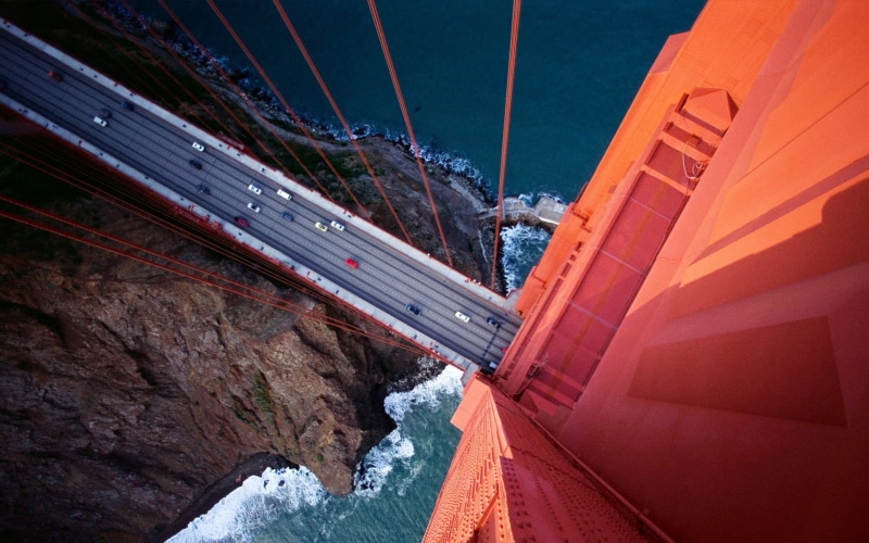 1080P, water, bridge, car, San Francisco, outdoors, suspension, bridge - man made structure, road, high angle view, photo, photography, no people, mode of transportation