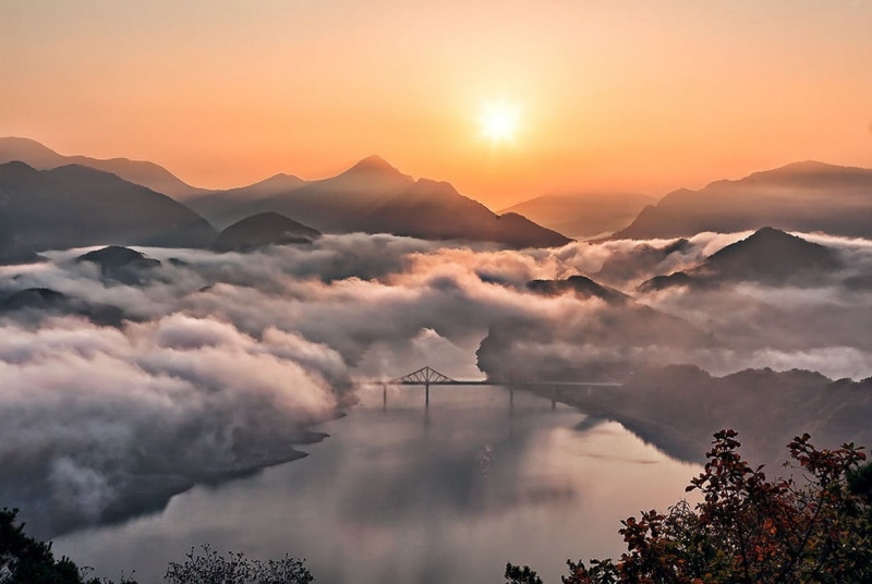 480P, digital composite, scenics - nature, mountain, mountain range, mountain peak, photography, white, cloud - sky, painting, bridge, no people, copy space