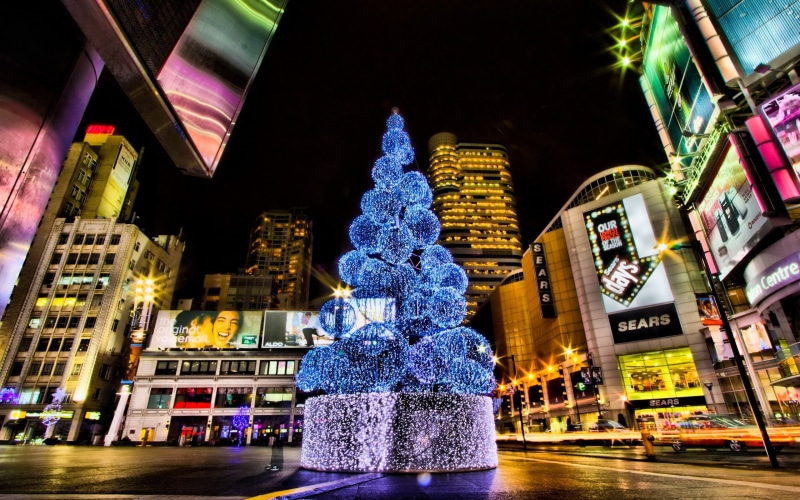 multi colored, holiday, building, Christmas Tree, lighting equipment, architecture, celebration, night, city lights, skyscraper, blue, purple, street, building exterior