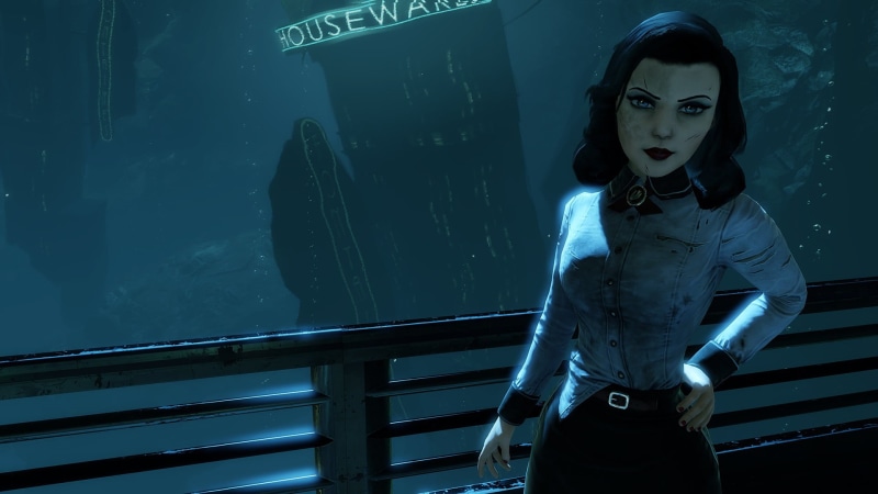 character, BioShock, architecture, casual clothing, female, Elizabeth (BioShock), illustration, Rapture, leisure activity, real people, wall - building feature