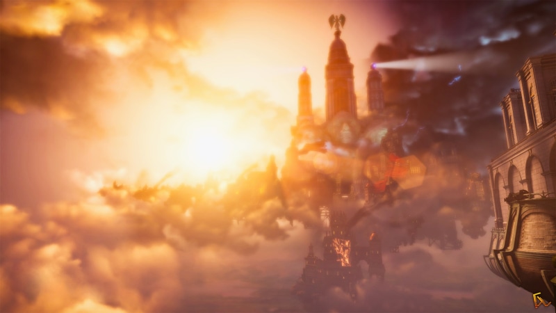 cityscape, video games, sunrise, BioShock, clouds, landscape, screen shot, BioShock Infinite, Photoshop, 2K, sun rays, Columbia