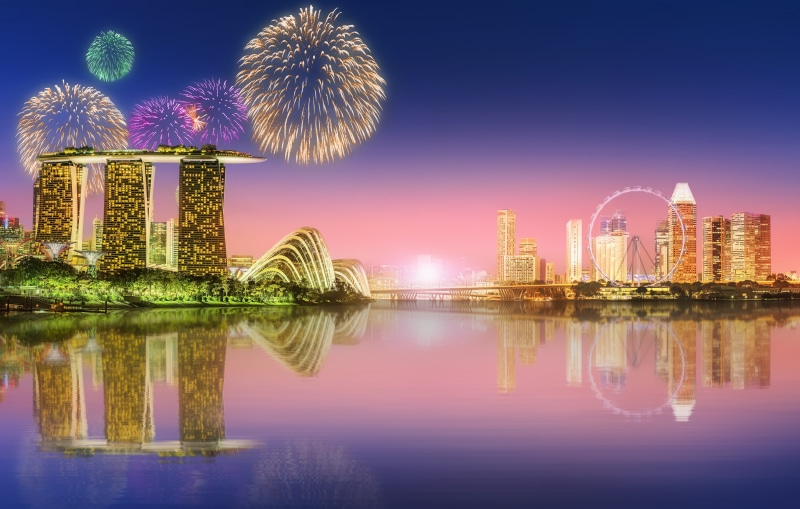 night, salute, Singapore, landscape, sea, megapolis, lights, architecture, blue, 5K, fountains, skyscrapers