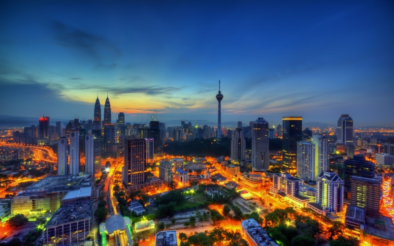 skyscrapers, cities, night, megapolis, malaysia, 2K, kuala, lumpur