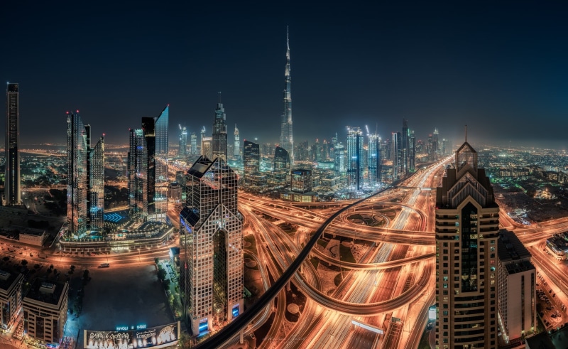 building, lights, Dubai, 1080P, tower, megapolis, the evening, UAE, transport interchange, skyscrapers, view, height, architecture, night, the city
