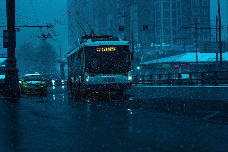 transportation, moscow city, snowing, City, night, modern building, extreme weather, dawn, skyscraper, office, machinery, Trolley Bus, dark blue sky, land vehicle