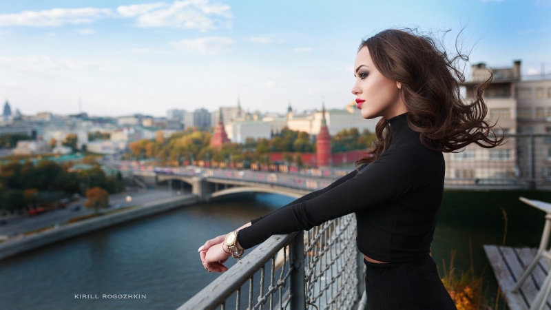 black clothing, Moscow, red lipstick, face, Kirill Rogozhkin, 1080P, women outdoors, city, profile, women, cityscape, brunette, river, balcony