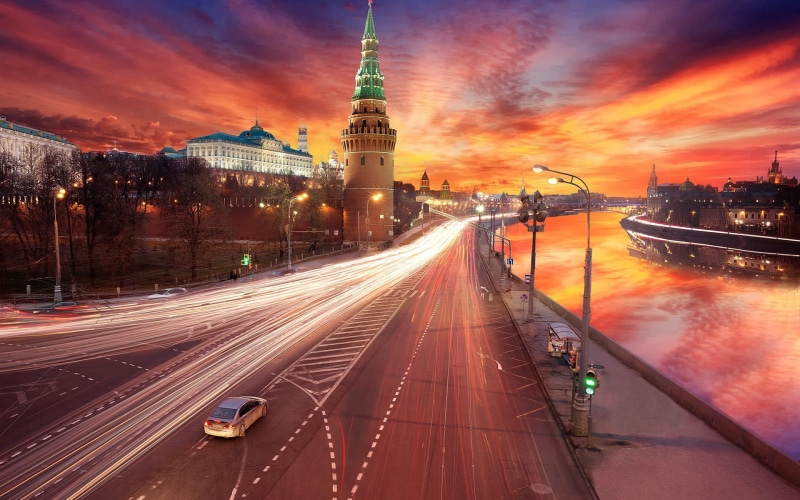 outdoors, Russia, motion, road, sunset, blurred motion, 1080P, river, city life, building exterior, lights, office building exterior, no people, speed