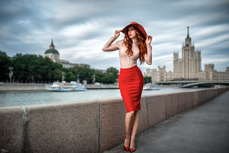 MSU, 1080P, Hope Niyazova, the city, shirt, lady, grace, red, portrait, hat, George Chernyadev, Moscow, figure, bridge, legs, beauty, shoes, skirt, girl