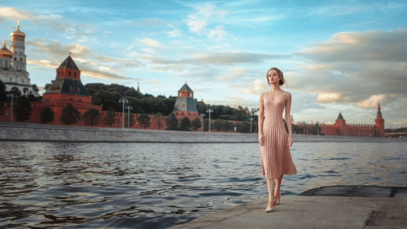 Moscow, Russian women, women, blonde, model, women outdoors, city, 720P, Maria Zhgenti, photography, river