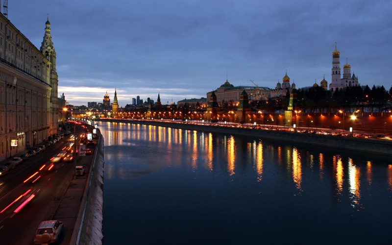 Lights, Evening, Houses, Moscow, City, River, Buildings, 2K, Beautiful