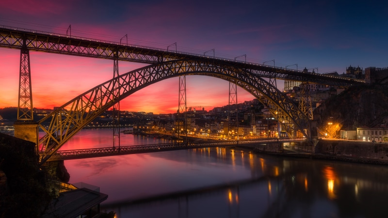 bridge, water, nature, outdoors, architecture, travel destinations, reflection, sunset, city, river douro, dusk, photography, river, sky, evening, engineering