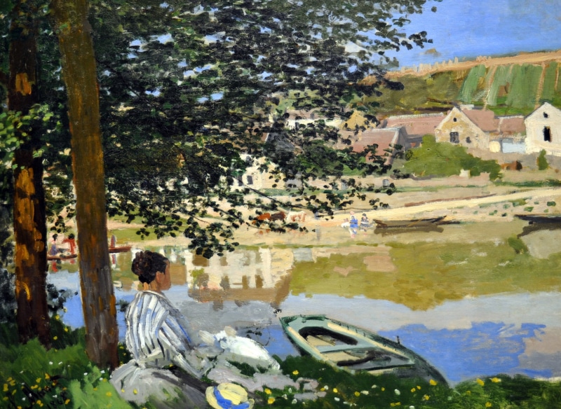 The Seine at Bennecourt, girl, 1080P, landscape, Claude Monet, boat, picture