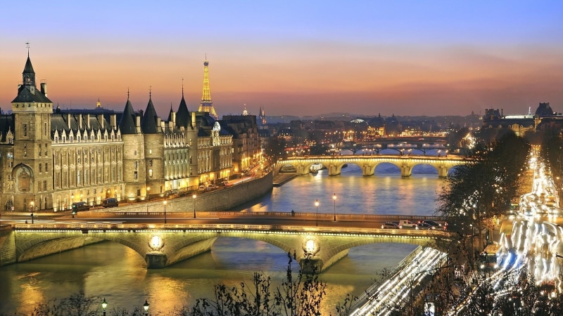 city, seine, concrete, nature and landscapes, 1080P, beautiful, river, brown, bridges, dusk, paris, building, lights