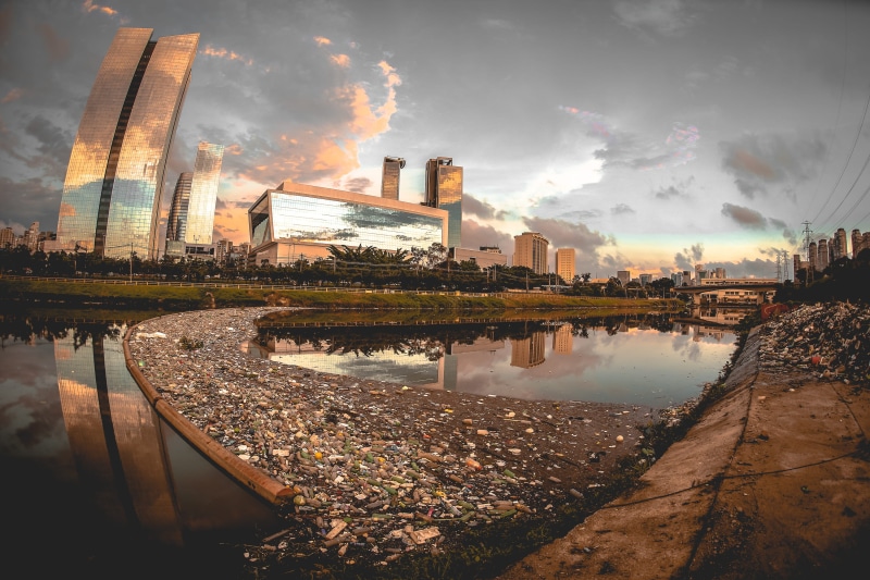 saopaulo, environmental issues, pollution, smoke stack, são paulo, usina, skyscraper, marginal, factory, building exterior, reflection, building, no people