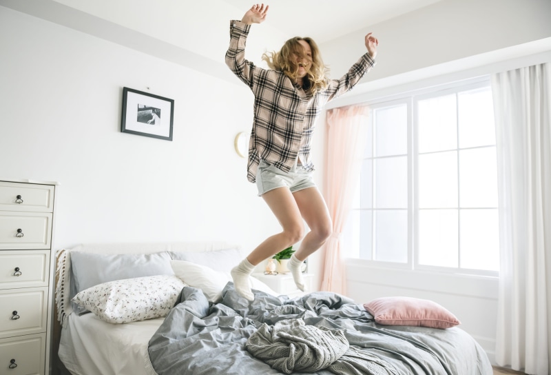 jumping, apartment, energize, domestic life, college life, 4K, condominium, afternoon, adult, american, condo, casual clothing, for girls, girl