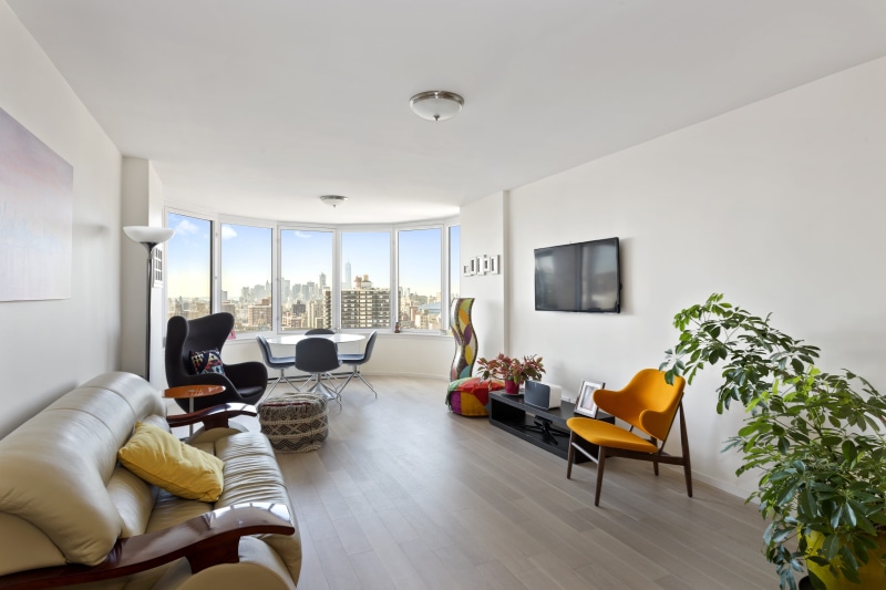 table, high angle view, usa, high rise, television set, living room, city, architecture, 5K, new york city, skyscraper, window, home showcase interior