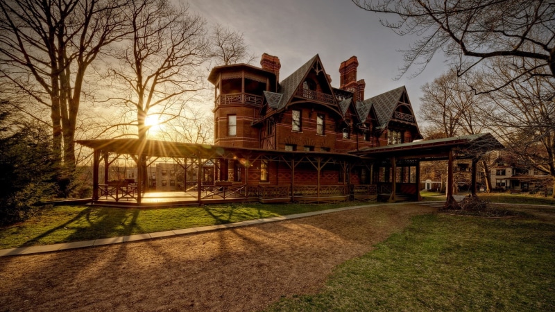 built structure, mark twain house, hartford, residential area, no people, grass, building exterior, plant, tree, architecture, connecticut, history, museum
