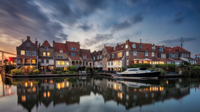 canal, waterway, evening, europe, bank, tree, transportation, nautical vessel, waterfront, residential area, outdoors, architecture, no people, river, cityscape