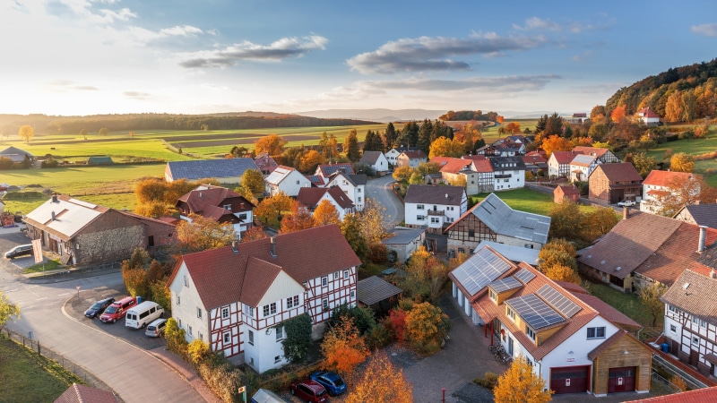 residential district, aerial photography, scenics - nature, nature, beauty in nature, 4K, high angle view, architecture, autumn, half timbered house, town