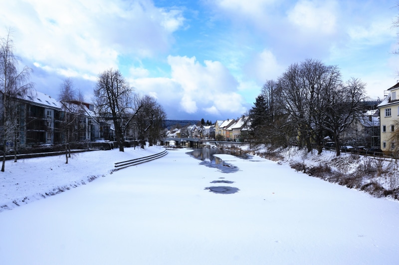 nature, winter, covering, white color, white, germany, waters, sky, building exterior, bridge, blue, snow, south, cloud - sky, tree, building, scenics - nature