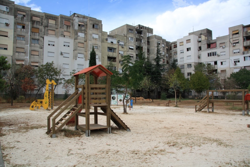 plant, residential district, building, empty, seat, built structure, no people, flat, outdoor play equipment, jungle gym, tree, podgorica, park - man made space