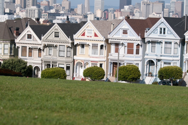 travel, city, houses, street, sky, nature, landmark, building, row house, alamo square, america, front or back yard, francisco, scenic, white color, center