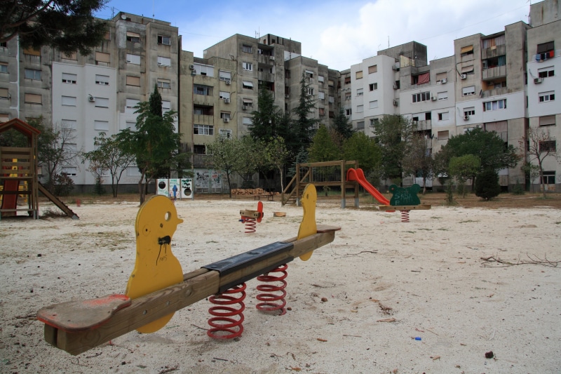 slide - play equipment, residential district, podgorica, architecture, montenegro, building, flat, no people, tree, outdoors, built structure, 4K, land