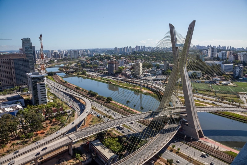 building exterior, multiple lane highway, Octávio Frias de Oliveira, built structure, office building exterior, Bridge, high angle view, architecture, city