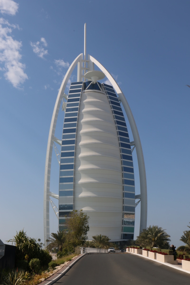 uae, al, low angle view, steel, outdoors, u a e, sunlight, no people, tree, 5K, road, city, burj al arab, burj, architecture, office building exterior
