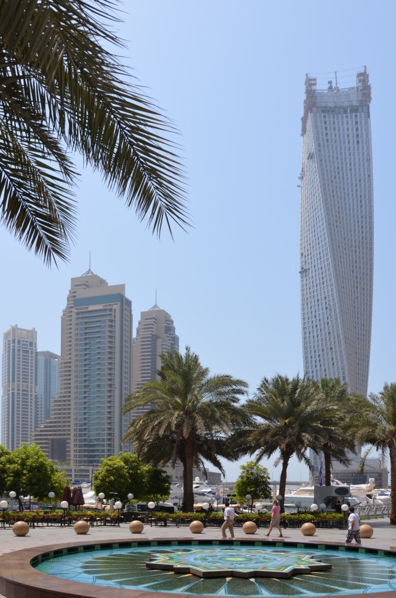 4K, fountain, travel destinations, modern, palm trees, nature, building, outdoors, building exterior, dubai, tree, plant, no people, day, skyscrapers